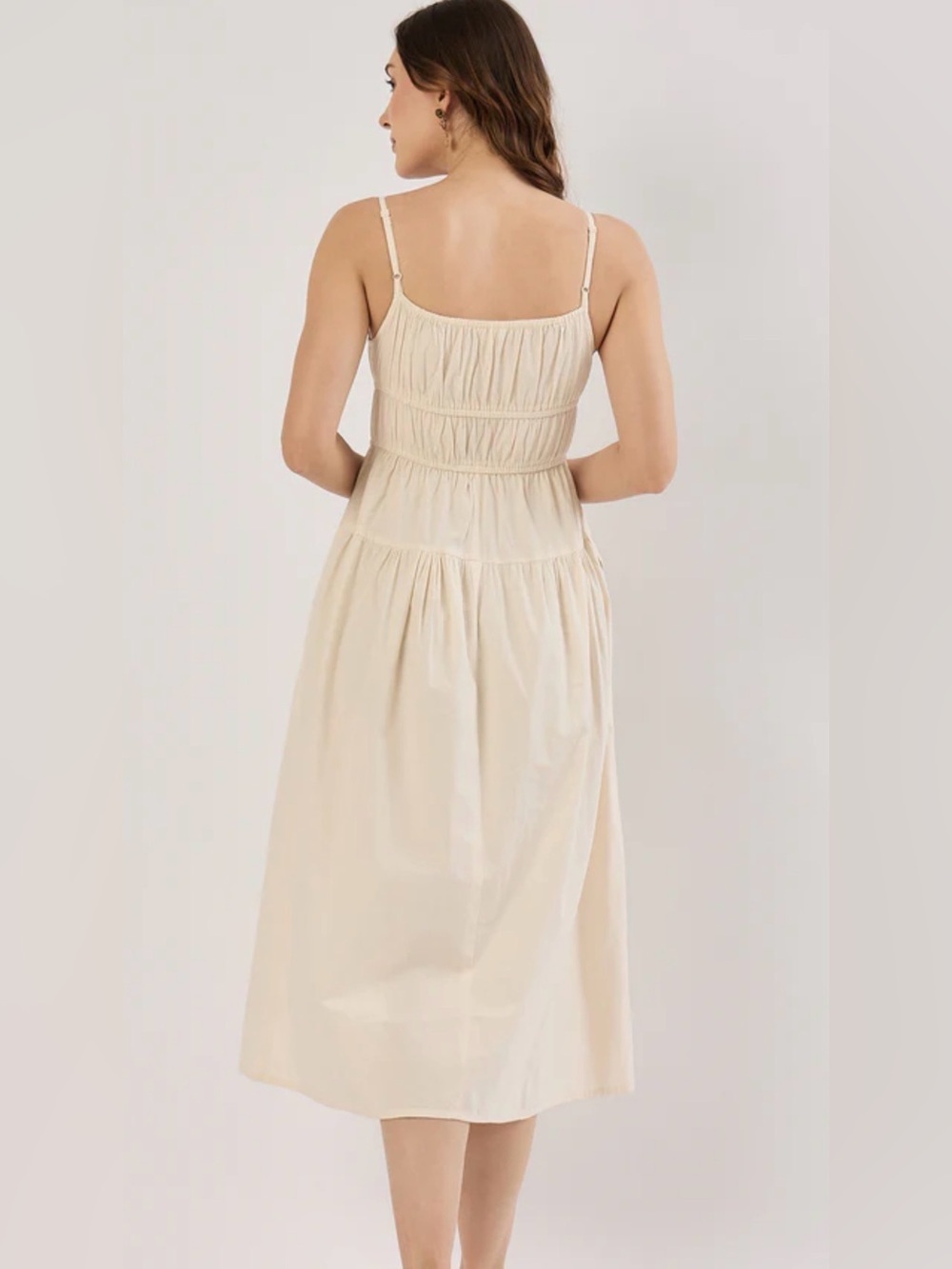 NWOT SIM & SAM ECRU TIE FRONT MILKMAID POPLIN MIDI CREAM COLOR SIDE POCKETS SZ S - Picture 2 of 9